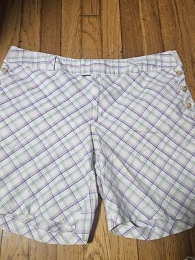 Greg Norman Collection White Plaid Bermuda Shorts with Purple & Green Stripes
